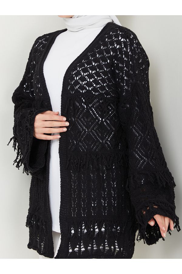 MODAMERS Women s Black Tassel Detailed Knitwear Cardigan Trendyol