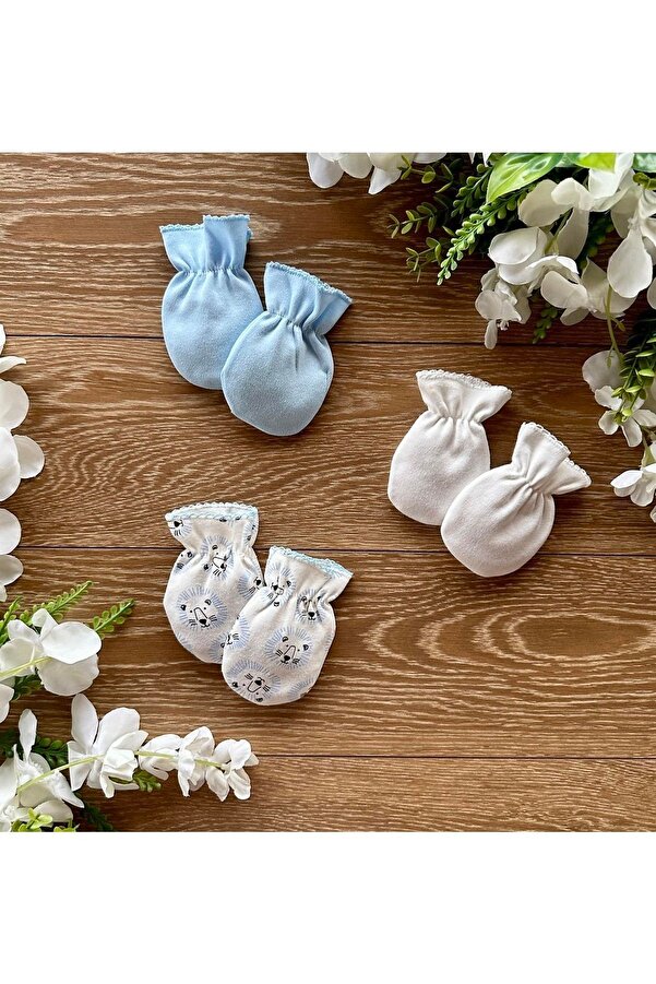 Renkli Puset Organik Pamuk 3'lü Penye Bebek Eldiven Takım Aslan