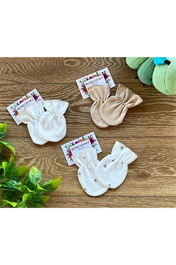 Renkli Puset Organik Pamuk 3'lü Penye Bebek Eldiven Takım Puan