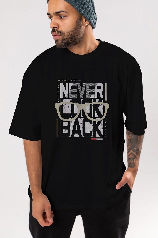 Ankhises-Never Look Back Tricou negru supradimensionat cu imprimeu în față, unisex, bărbați, femei, cu gât crew 1