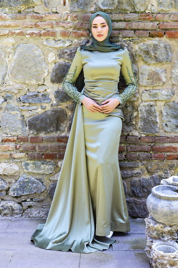 Fashion Night 4560 Satin Fishnet Evening Dress with Sleeve Applique and Bead Embroidery Drape Detail Khaki Trendyol