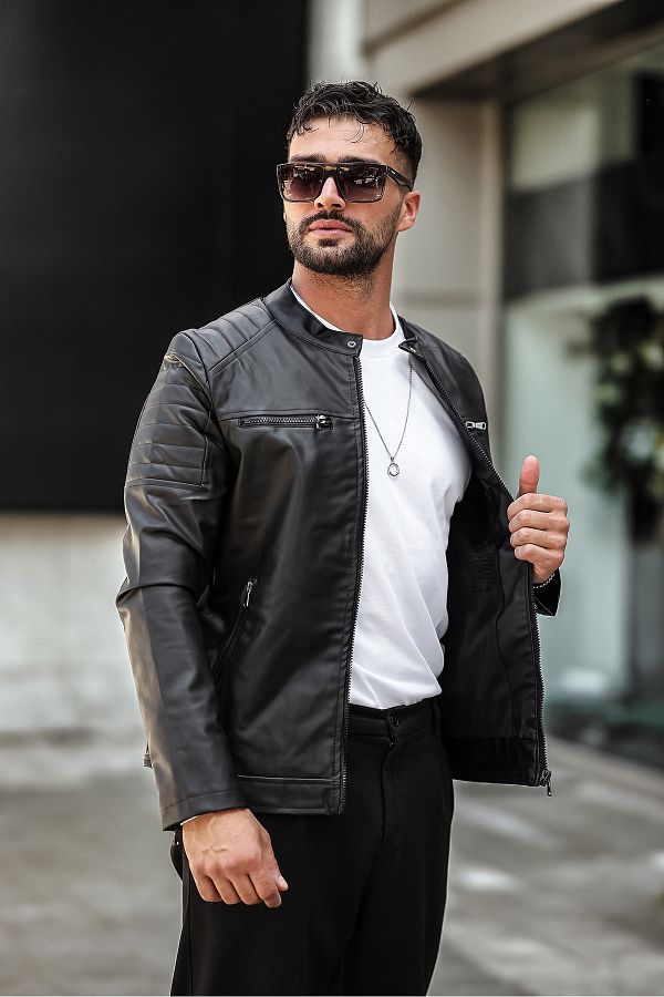 gm giyimarket New Season Men s Black Leather Jacket Slim Fit Trendyol