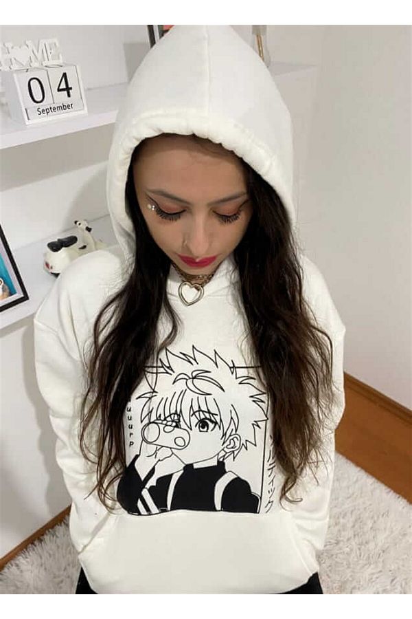 Touz Moda Anime Hunter X Hunter Killua Oversize unisex White Hooded Hoodie Trendyol