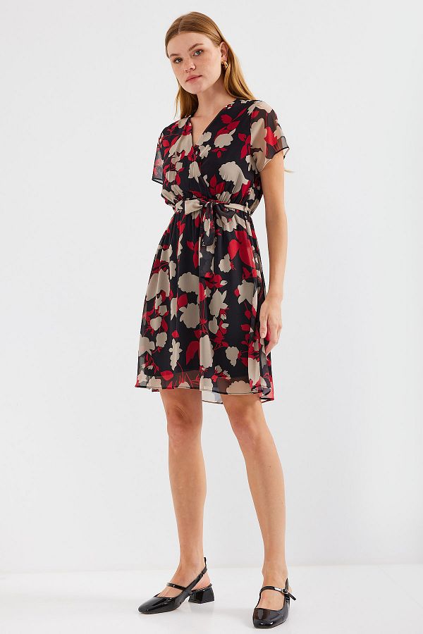 Bigdart-2502 Model Burgundy Chiffon Dress - Short Sleeve and Patterned 1