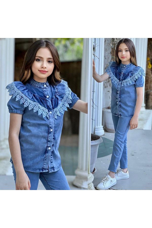 Calisa-Frilly Shirt and Jean Trousers for Girls - Holiday Set of 2 1