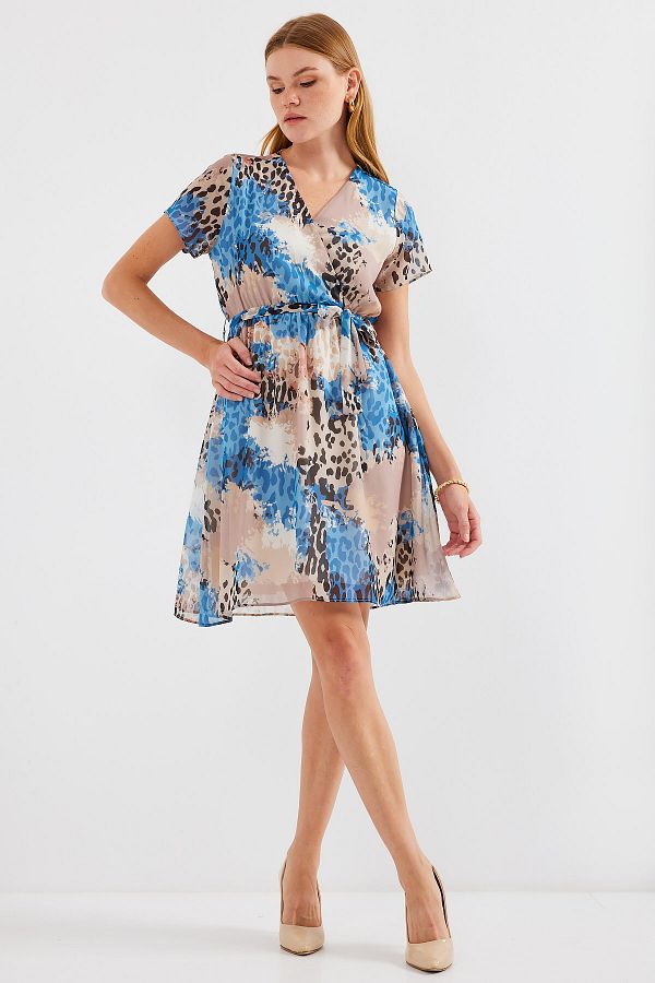 Bigdart-2502 Model - Blue Chiffon Dress, Short Sleeve and Print 1