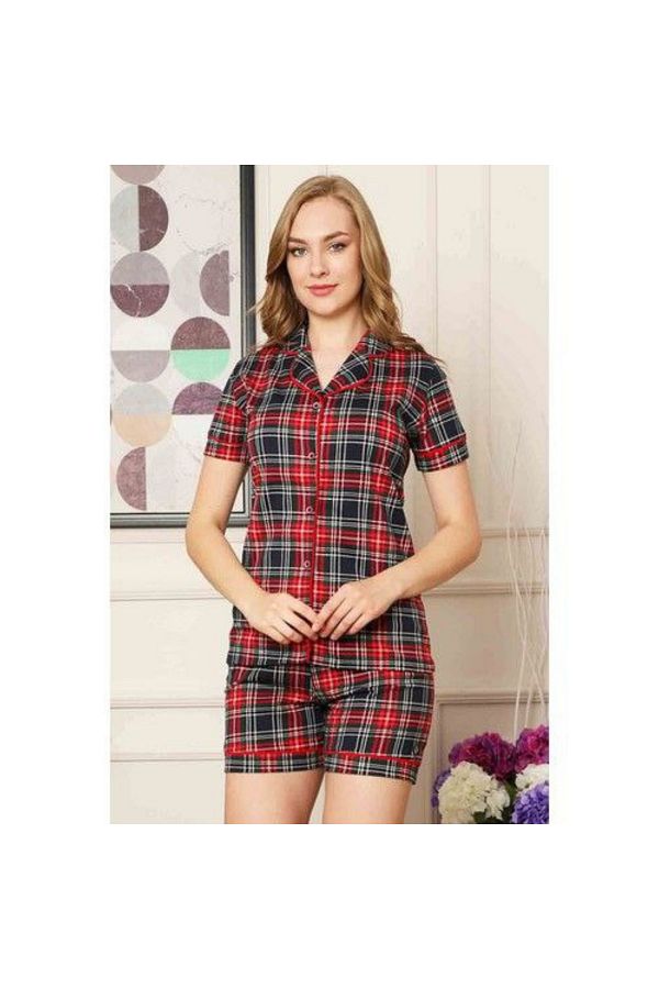 ALİMER-2523 Model Red Plaid Pattern - Front Buttoned Shorts Women's Pajamas Set & Home Wear 1