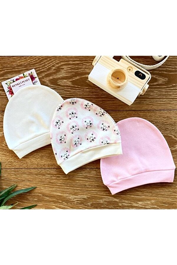 Renkli Puset Organik Pamuk 3'lü Penye Bebek Şapka Bere Takım Aslan