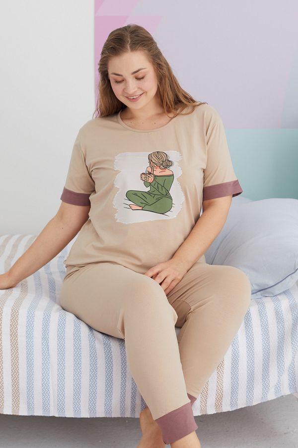 Siyah İnci-Set pijama tricotată din bumbac, mărime Plus - Culoare Piatră 1