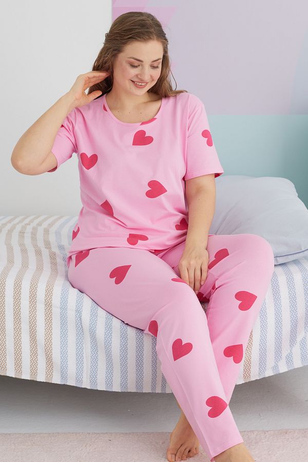 Siyah İnci-Large Size Oversize Cotton Knitted Pajamas Set - Multicolor Curve 1