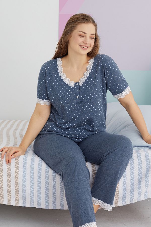 Siyah İnci-Large Size Oversize Indigo Cotton Pajama Set - Buttoned Curve Design 1