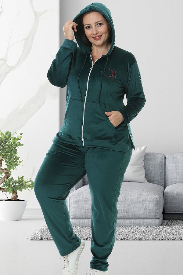 Bella Linda Hooded Embroidered Soft Velvet Large Size Women s Tracksuit Set Trendyol