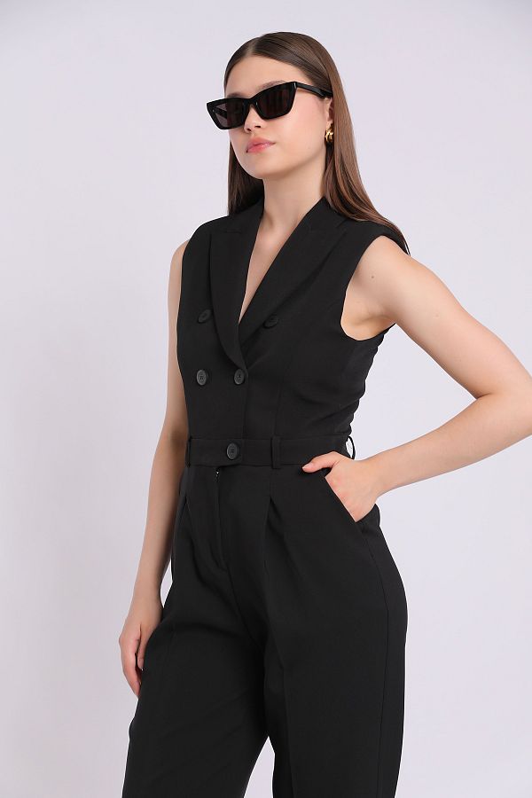 Yake Sleeveless Single Pleated Polyester Elastane Fabric Jumpsuit with Jacket Collar Trendyol