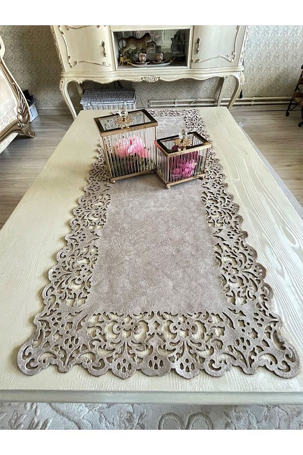 Ergüven Home-40X100 cm Rectangular Model Suede Runner - Dark Beige (Stone Color) Coffee Table Length 1