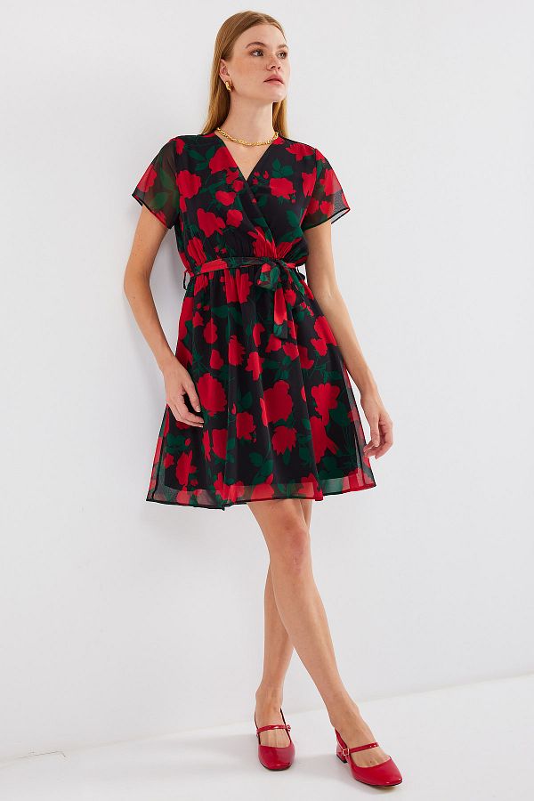 Bigdart-2502 Model - Black Chiffon Dress, Short Sleeve and Print 1