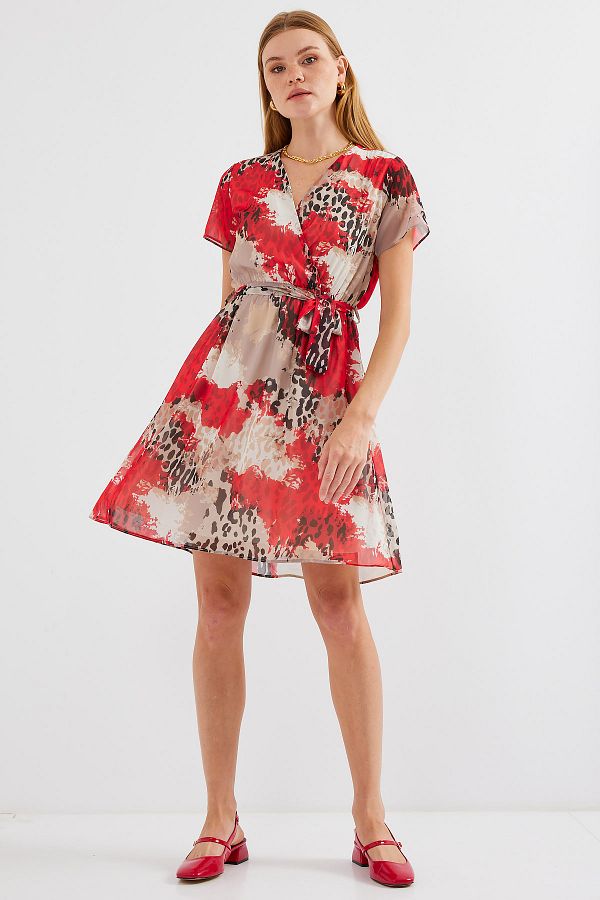 Bigdart-2502 Model Red Chiffon Dress - Short Sleeve and Patterned 1