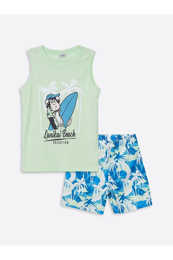 LC Waikiki-Crew Neck Nostalgic Monkey Printed Boys' Undershirt and Swim Shorts 1