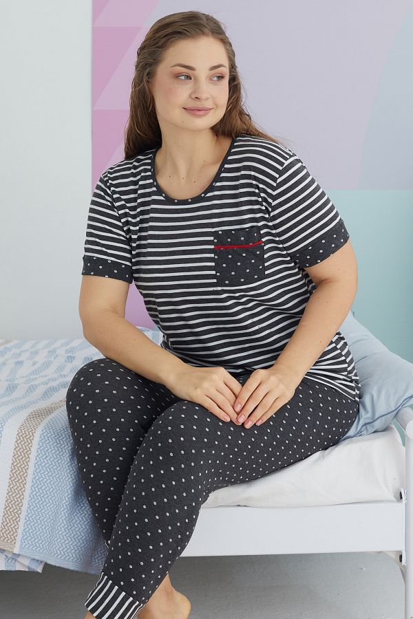 Siyah İnci-Large Size Oversize Cotton Knitted Pajamas Set - Multicolor Curve 1