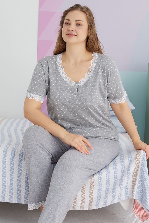Siyah İnci-Plus Size Gray Curve Cotton Pajama Set - Buttoned King Size 1