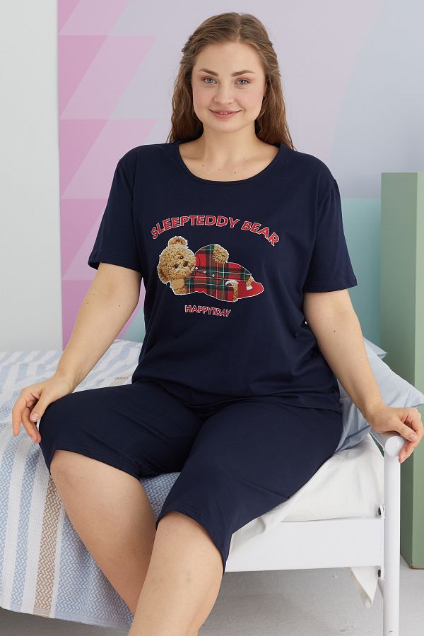 Siyah İnci-Navy Blue Curve Oversize Cotton Capri Set - Plus Size 1