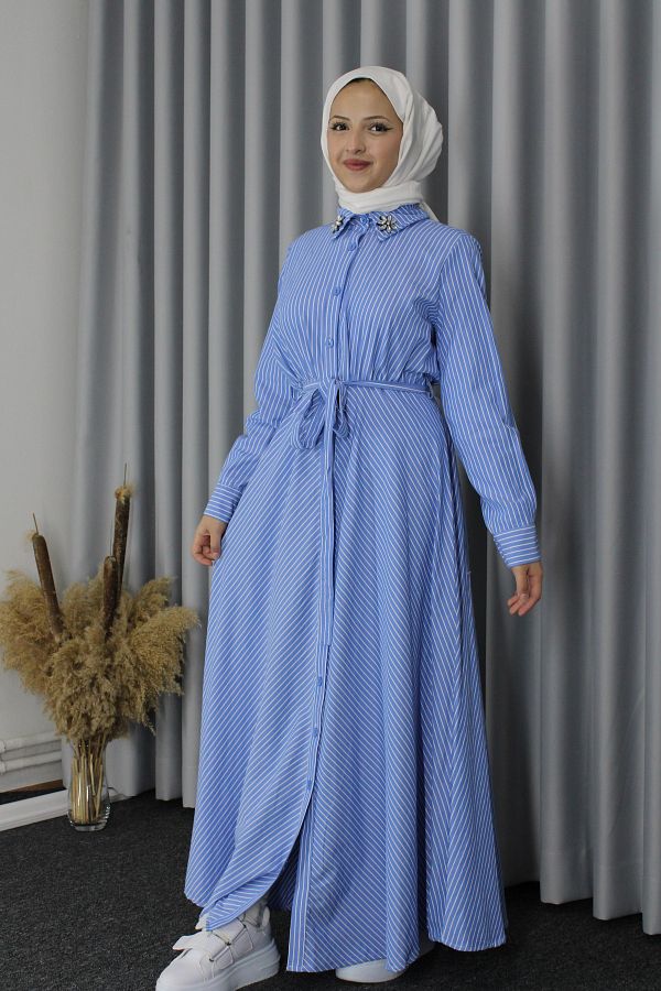 H JAB STORE Hijab Shirt Dress Blue Striped Trendyol