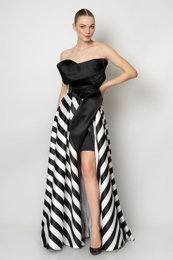 RENGIN Striped Satin Evening Dress Dress with Chest Band and Skirt Band Trendyol