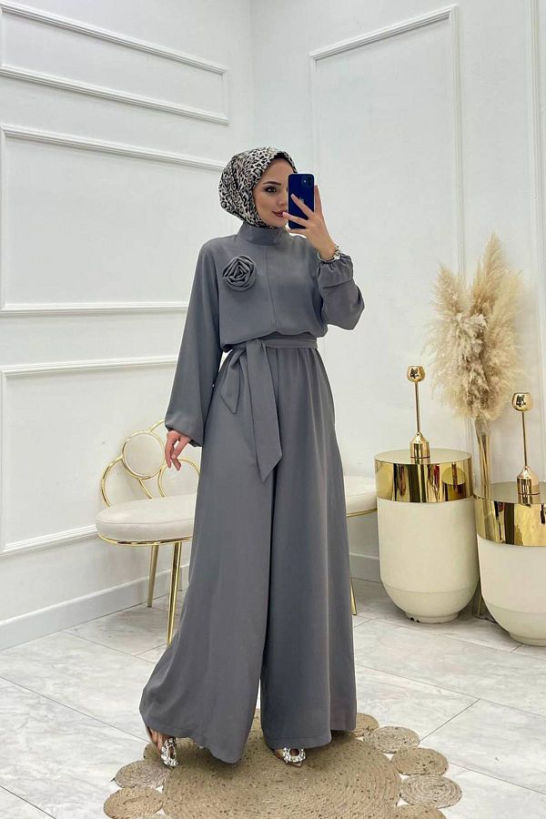 Ne eli Butik Gray Casual Hijab Jumpsuit Belted and Rose Detailed Nms003 Trendyol