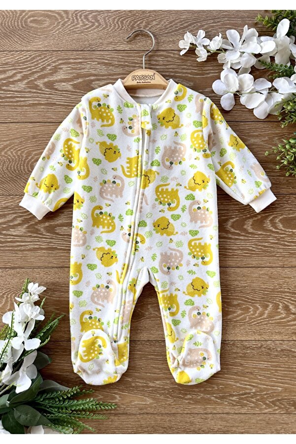 Renkli Puset Kadife Fermuarlı Mevsimlik Kışlık Patikli Bebek Uyku Tulumu Sarı Dinozor