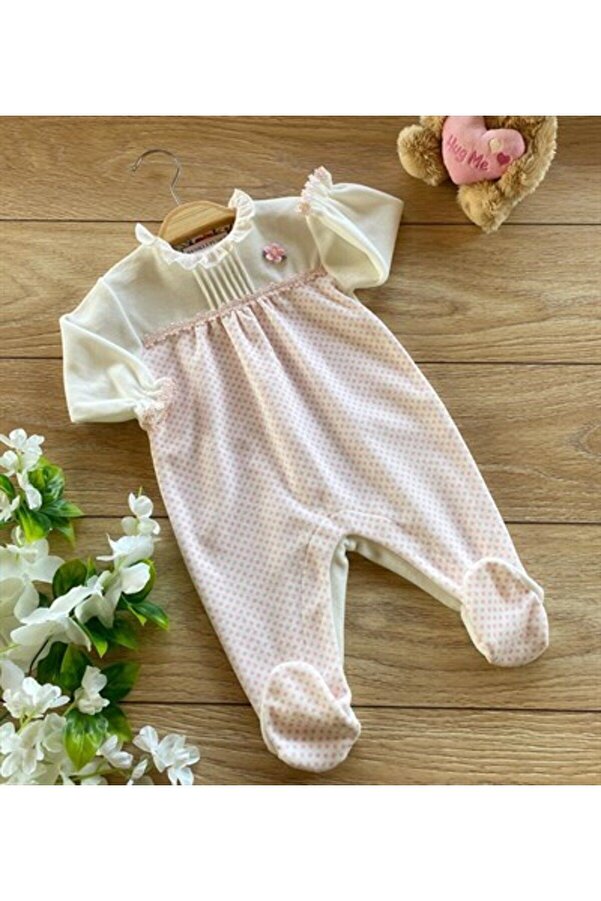 Renkli Puset Kadife Patikli Kız Bebek Tulum Pembe Nervürlü