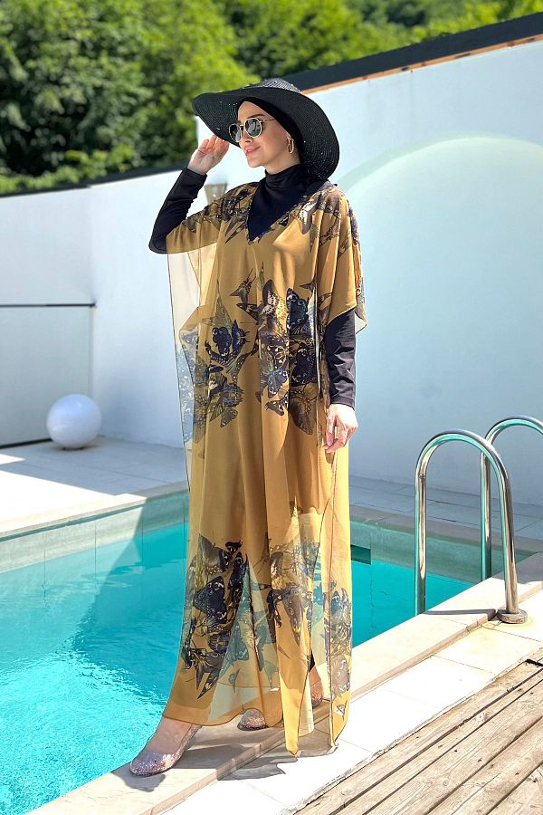 Remsa Mayo Butterfly Patterned Hijab Pareo Single Caftan 430 310 Model Trendyol
