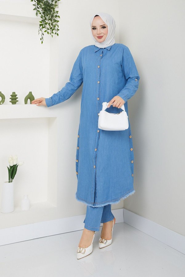 Pamuk Butik Women's Wooden Button Detailed Trousers Double Denim Suit
