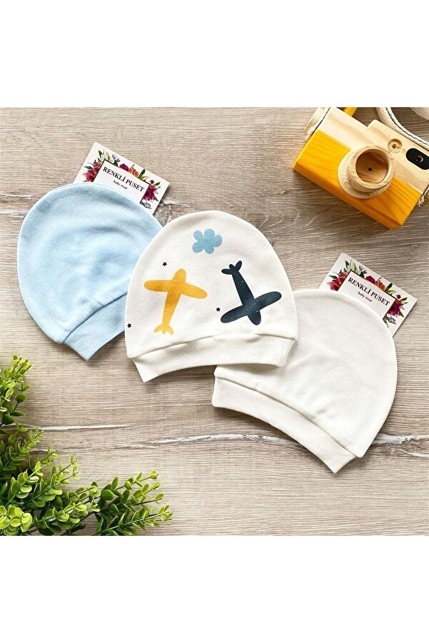 Renkli Puset 3'lü Organik Pamuk Penye Bebek Şapka Bere Takım Uçak