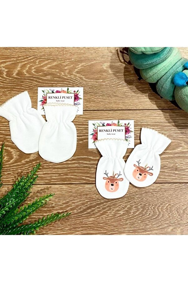 Renkli Puset 2'li Organik Pamuklu Bebek Eldiven Takımı Ağaç Geyik