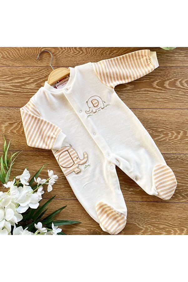 Renkli Puset Kadife Patikli Bebek Tulumu Kışlık Mevsimlik Fil