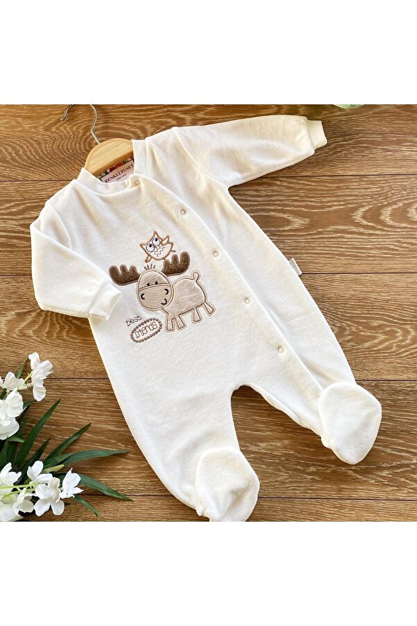 Renkli Puset Kadife Kışlık Mevsimlik Patikli Bebek Tulum Geyik Baykuş