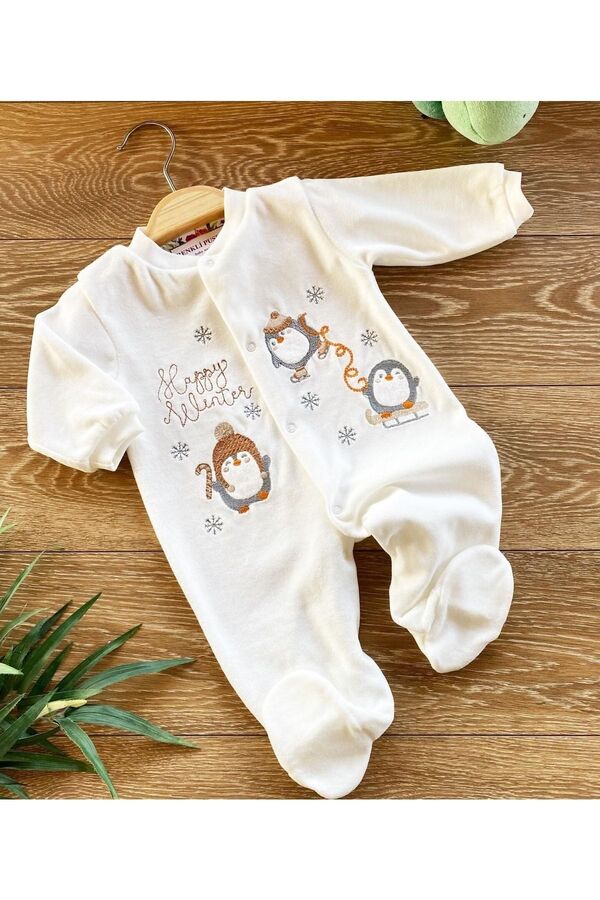 Renkli Puset Kadife Patikli Bebek Tulum Kışlık Mevsimlik Penguen