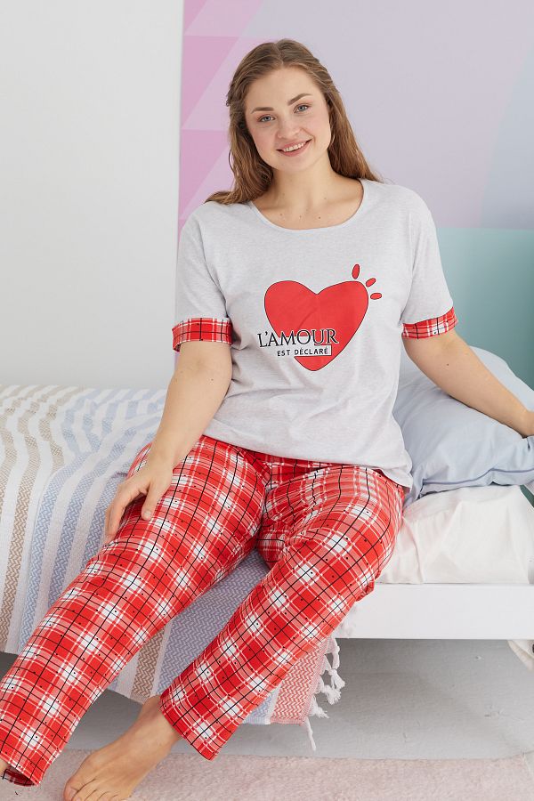 Siyah İnci-Large Size Oversize Cotton Knitted Pajamas Set - Multicolor Curve 1