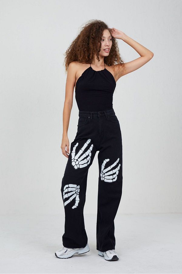 Kirazgym-Palazzo Jeans - Skeleton Print Design 1