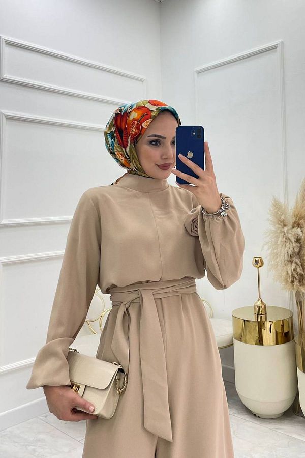 Ne eli Butik Beige Rose Detailed Casual Hijab Jumpsuit Belted Nms003 Trendyol
