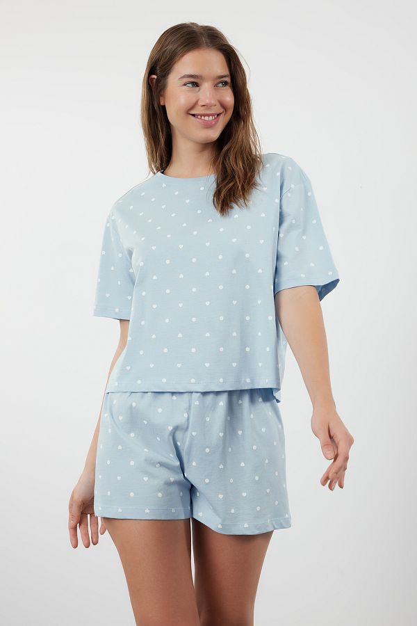 Trendyol Collection-Комплект спално облекло със сини точки и сърце Къси панталони от 100% памук - Thmss21Pt1485 1
