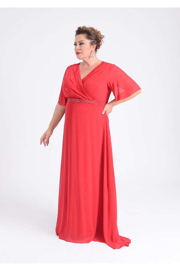 L LAS XXL Plus Size Red Colored Long Chiffon Evening Dress Trendyol