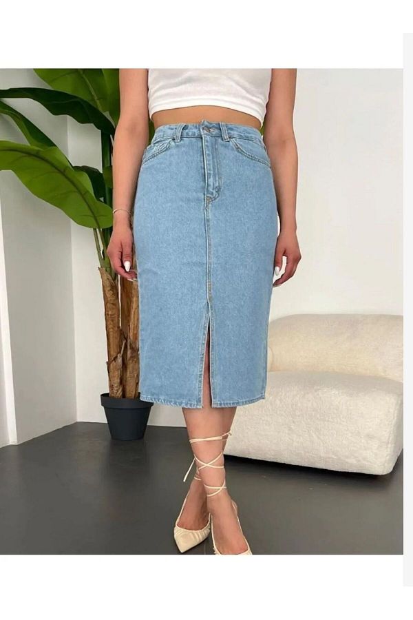 LAMİRAMOOD-Agenda Sweet Blue Denim Skirt Long Slit Equivalent 1