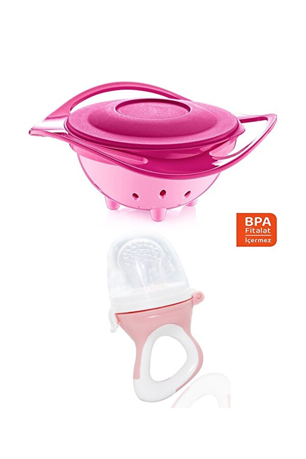 Babyjem Beslenme Seti - Dökülmeyen Tabak Pembe & Silikon Meyve Sebze Emziği Pembe