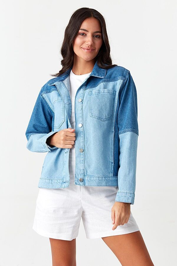 Select Moda-Color-Blocked Denim Jacket with Blue Pocket Detail 1
