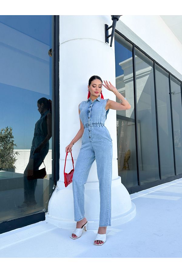 ESRAHELVACI Light Blue Denim Overalls Zero Sleeve and Elastic Design Trendyol
