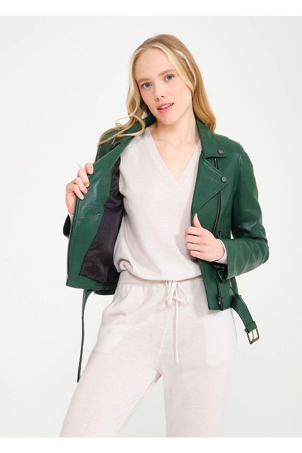 janbely Emerald Green Leather Jacket Trendyol