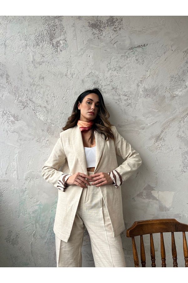 minaaise Zebra Detailed Flamed Linen Jacket Unlined Sleeve 25285 Trendyol