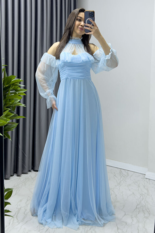 Baby Blue Maxi Sleeveless Tulle Evening Dress main image 1