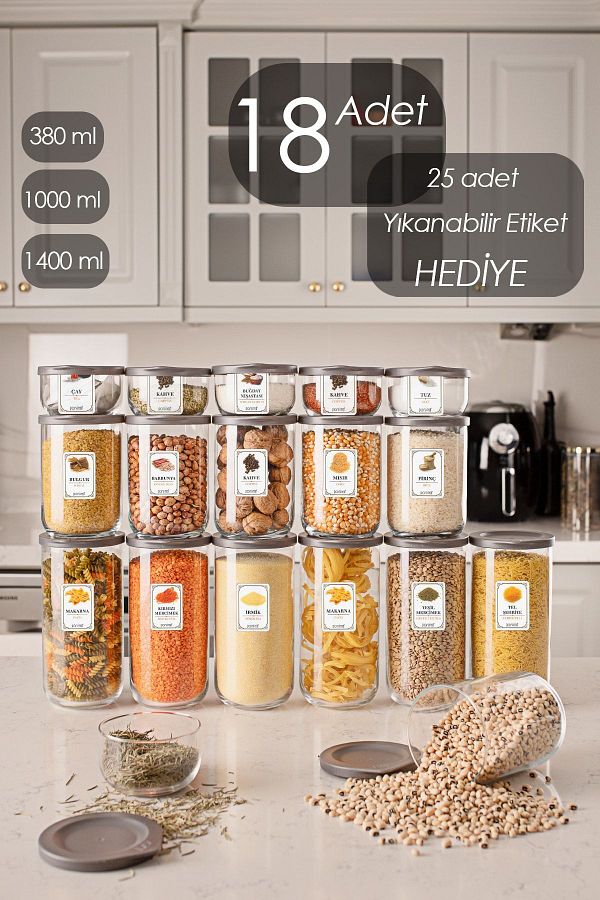 LAV-Duo 3 Sizes 18 Pieces Glass Storage Container Jar Set with Leak Proof Lid and Label 1