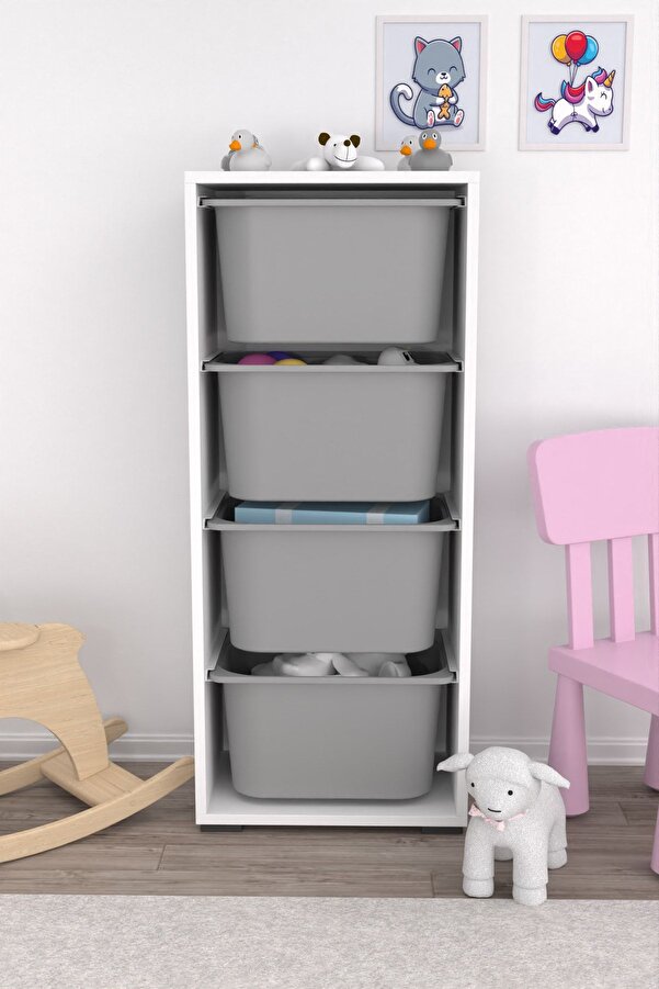 Pratico Cara 4 Derin Sepetli Çok Amaçlı Oyuncak Dolabı Mutfak Kiler Dolabı Gri